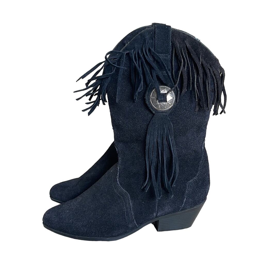 Vintage Fringe Suede Western Heeled Boots - Black